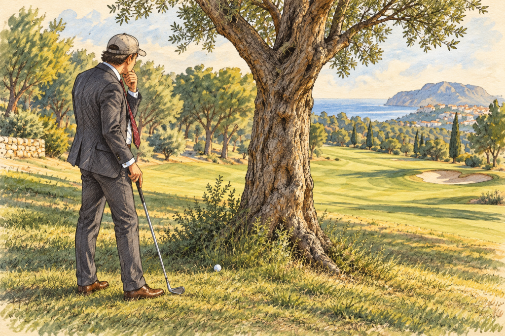 Ilustración de un hombre con traje y corbata valorando un golpe de golf junto a un árbol.